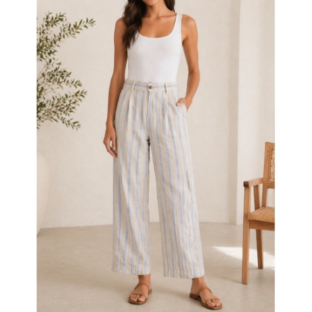 J.jill Women's Flax Blue Linen Creased-Front Wide-Leg Pants Petite Size LP NWT